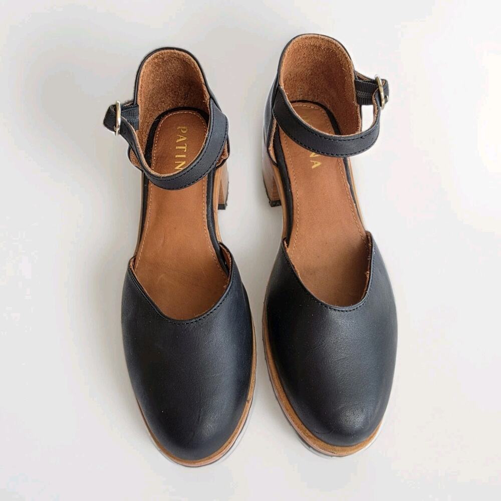 Patina Portland Women's Size 5.5 Black Leather Mary Jane Heeled Shoes Block Heel